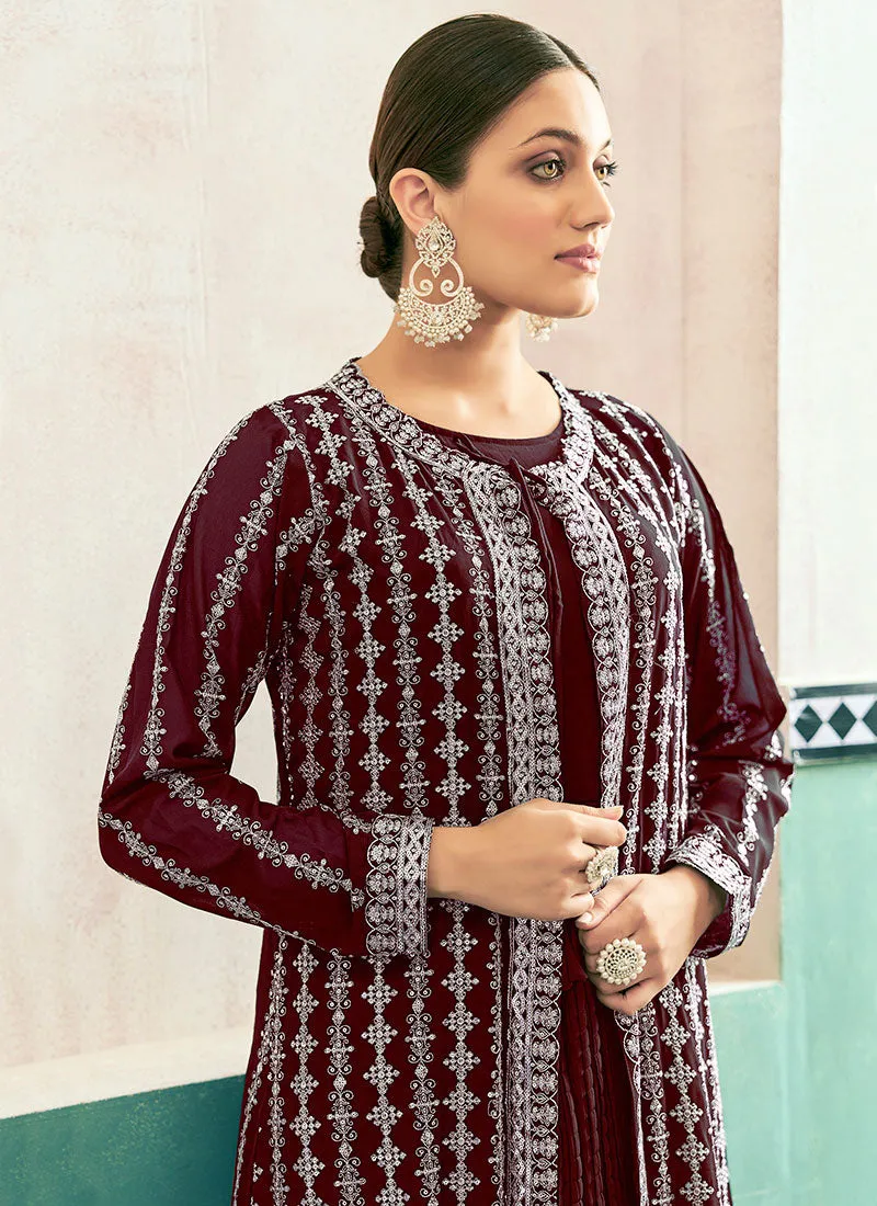 Maroon Embroidery Jacket Style Anarkali Dress