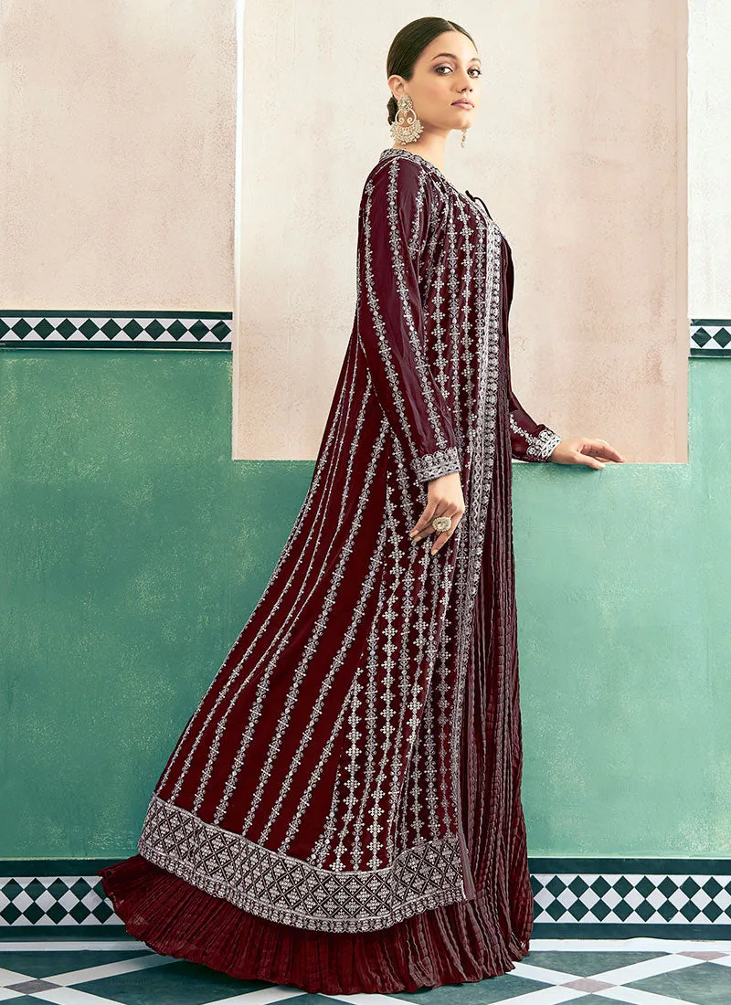 Maroon Embroidery Jacket Style Anarkali Dress