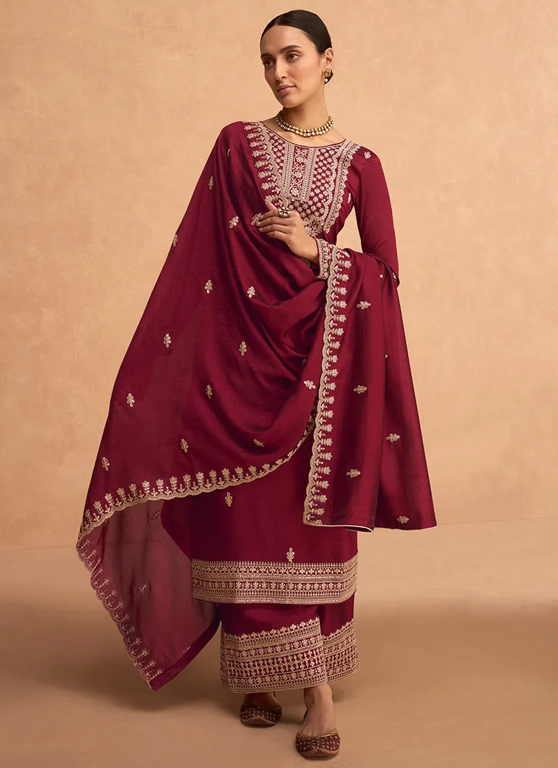 Maroon Embroidery Silk Festive Palazzo Suit