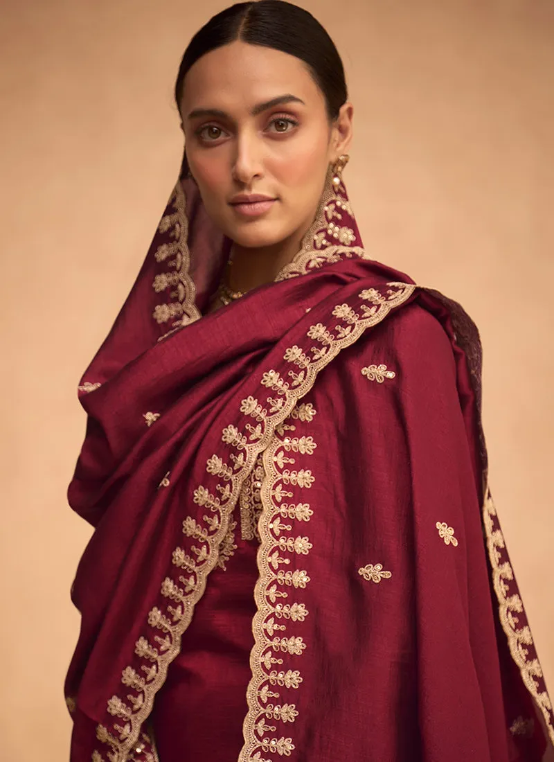 Maroon Embroidery Silk Festive Palazzo Suit