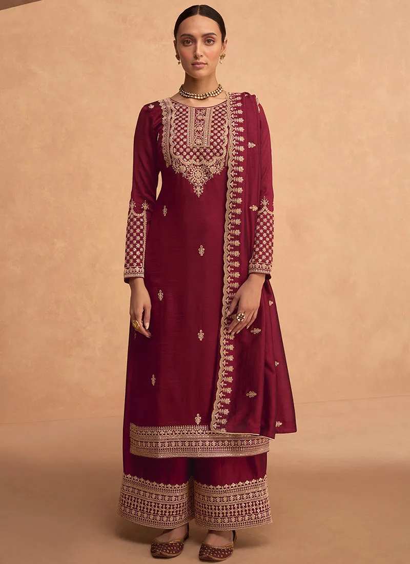 Maroon Embroidery Silk Festive Palazzo Suit