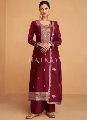 Maroon Embroidery Silk Salwar Kameez