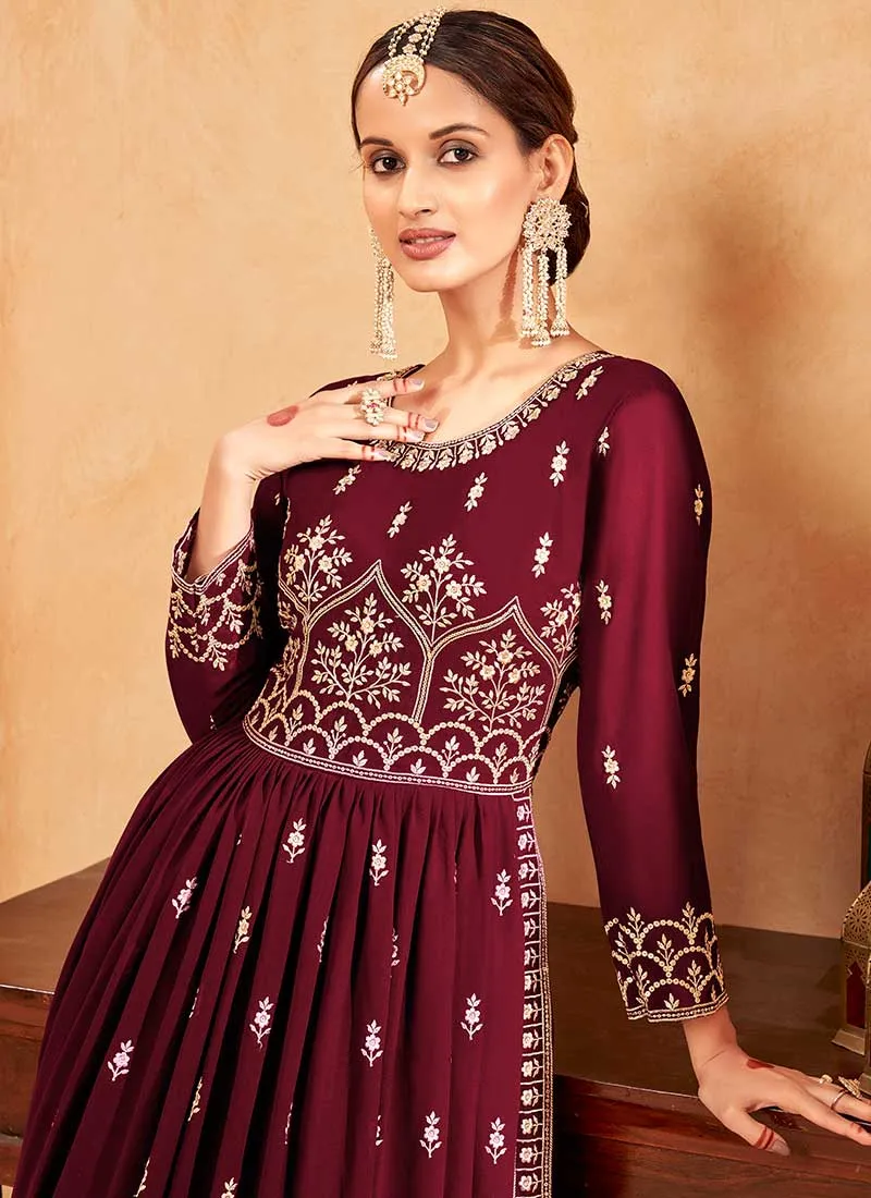 Maroon Embroidery Slit Style Festive Palazzo Suit