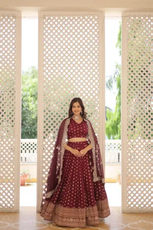 Maroon Enchanting Dayble Viscose Jacquard Lehenga Set with Double Zari Work