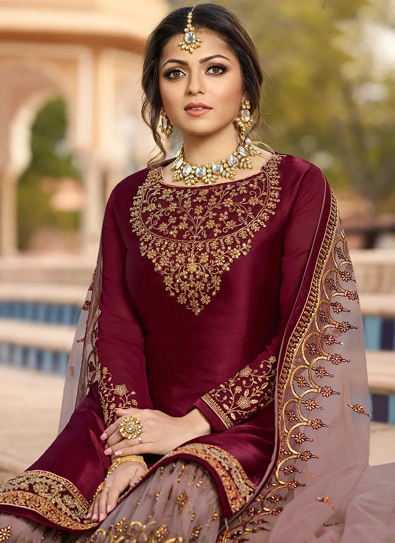 Maroon Ethic Embroidered Pakistani Gharara Suit