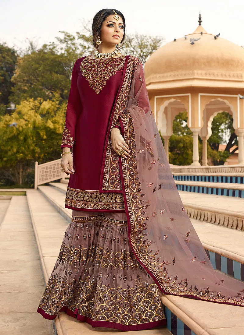 Maroon Ethic Embroidered Pakistani Gharara Suit