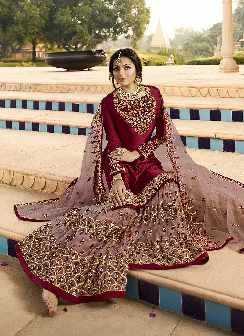 Maroon Ethic Embroidered Pakistani Gharara Suit