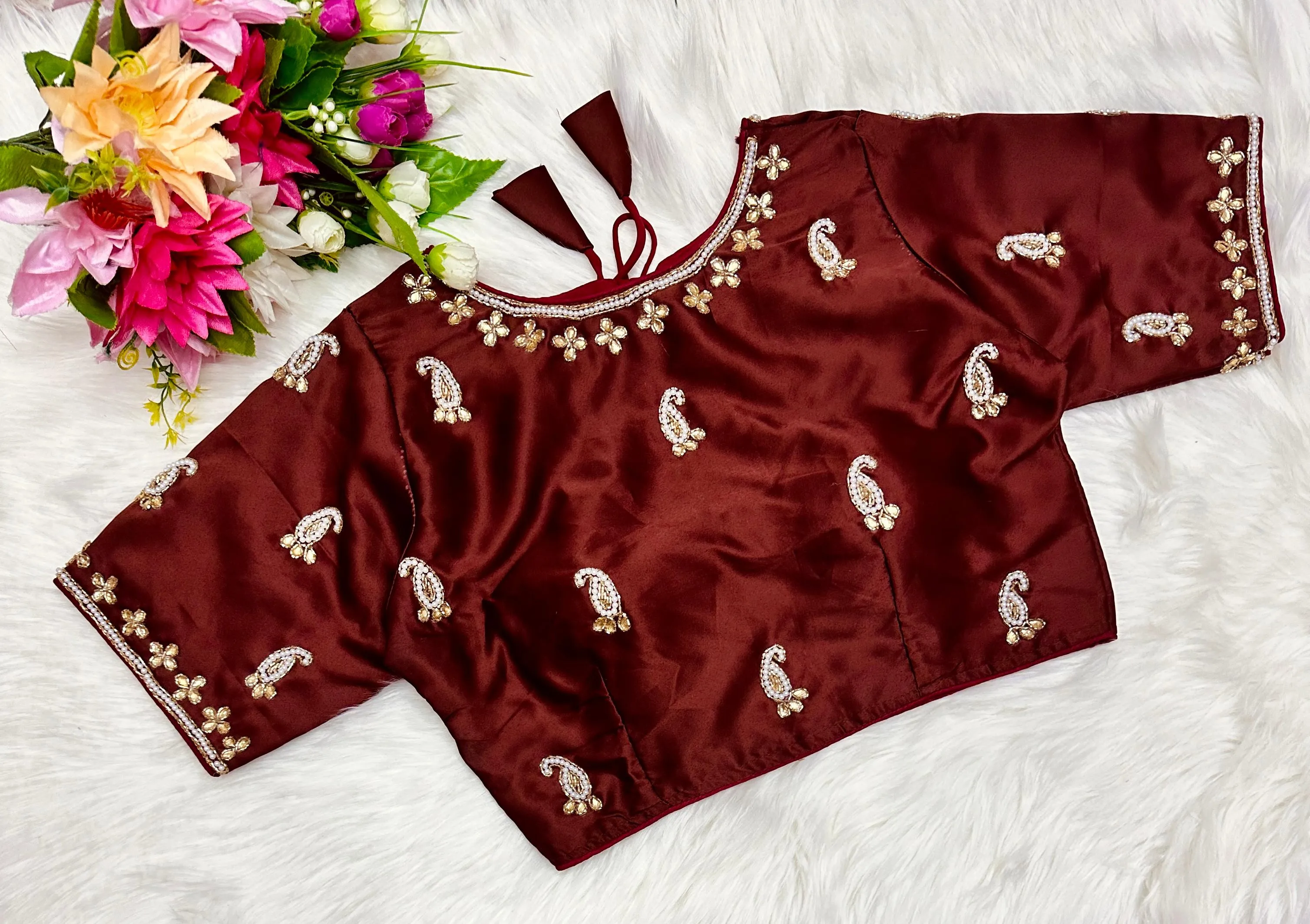 Maroon Exquisite Hand-Embroidered Methu Silk Blouse