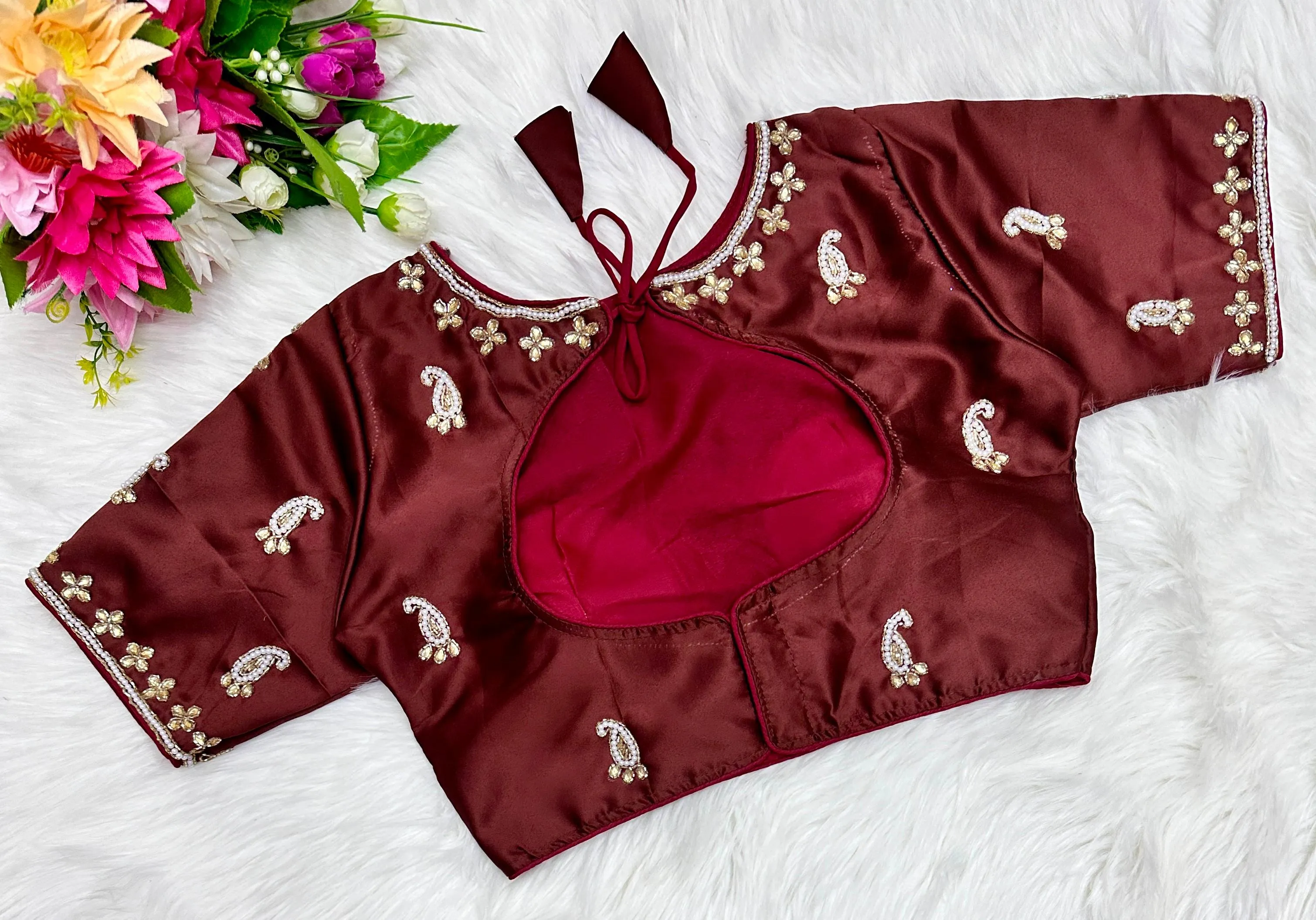 Maroon Exquisite Hand-Embroidered Methu Silk Blouse