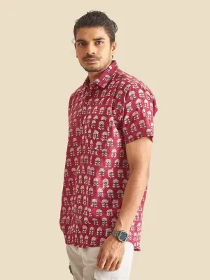 Maroon Floral Block Printed Halfsleeves Cotton Shirt