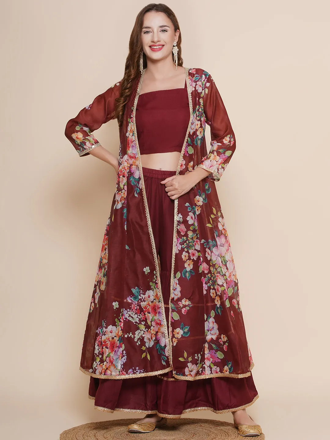 Maroon Floral printed Jacket, Camisole with Sharara