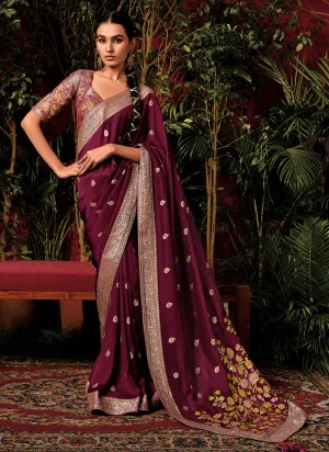 Maroon Floral Viscose Silk Saree