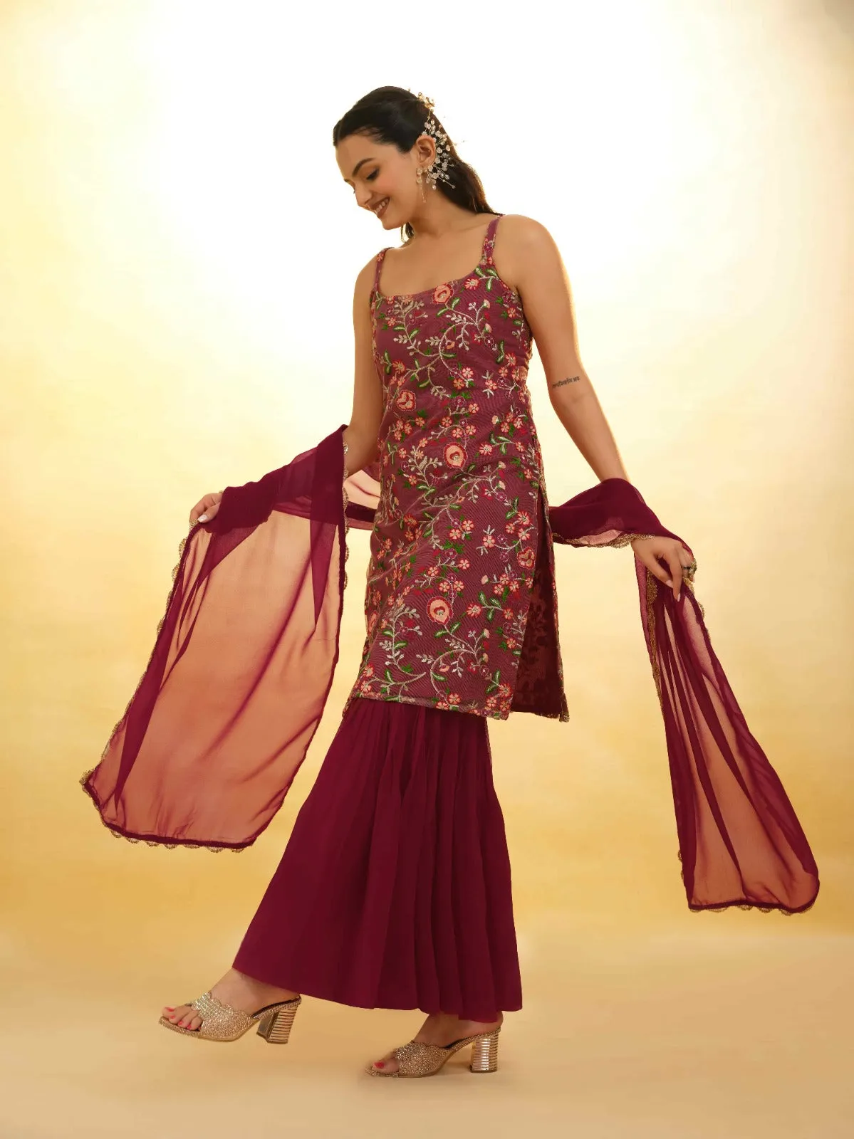 Maroon Georgette Suit with Embroidery and Shantoon Bottom