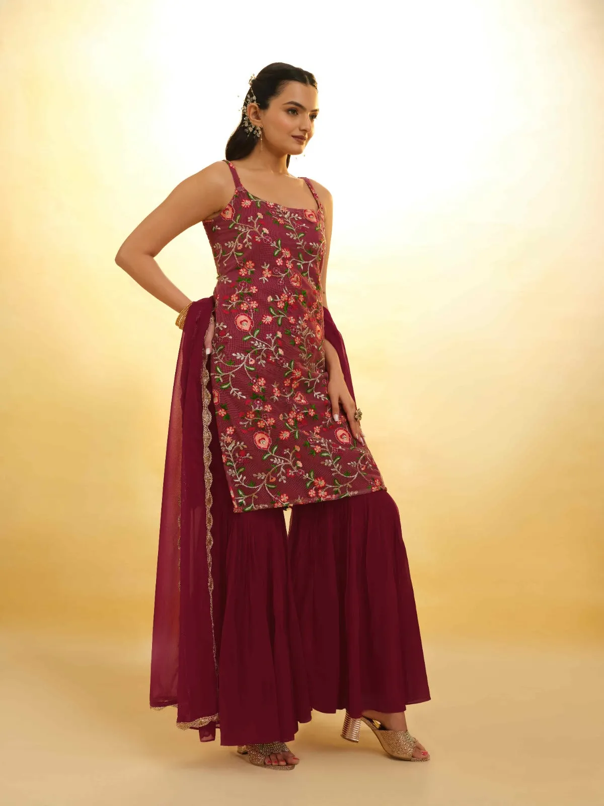 Maroon Georgette Suit with Embroidery and Shantoon Bottom