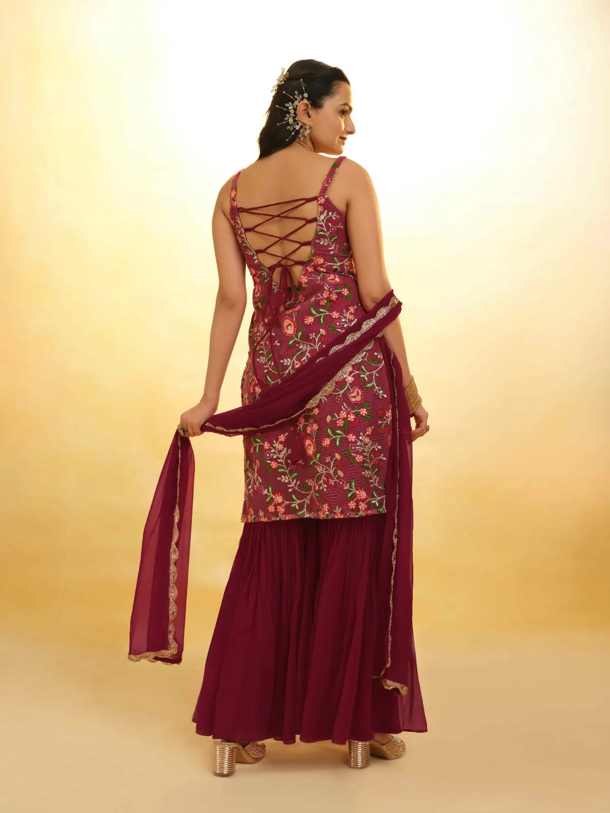 Maroon Georgette Suit with Embroidery and Shantoon Bottom