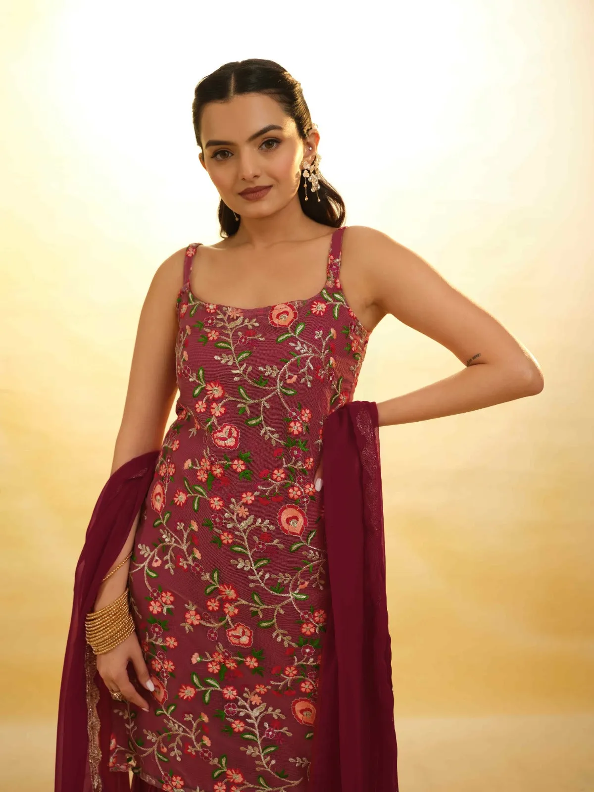 Maroon Georgette Suit with Embroidery and Shantoon Bottom