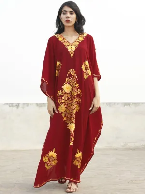 Maroon Golden yellow Aari Embroidered Long Kashmere Free Size Kaftan in Crushed Cotton - K11K003