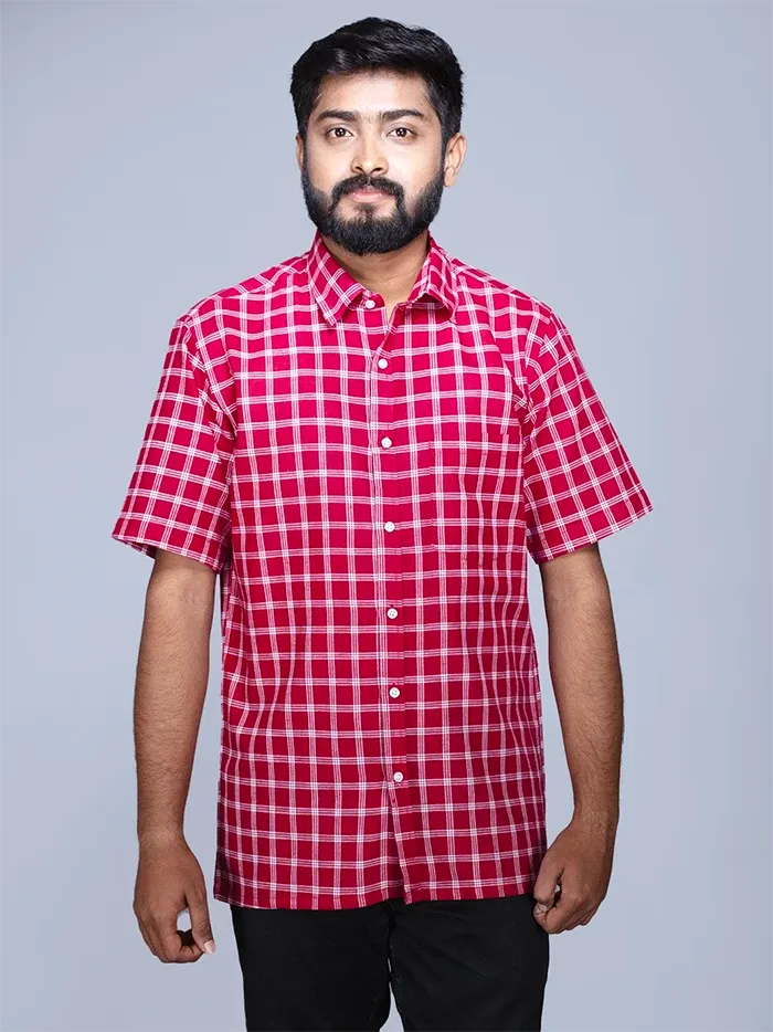 Maroon Handwoven Organic Cotton Checks Fitted Men Shirt