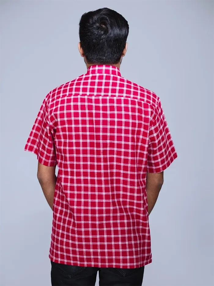 Maroon Handwoven Organic Cotton Checks Fitted Men Shirt