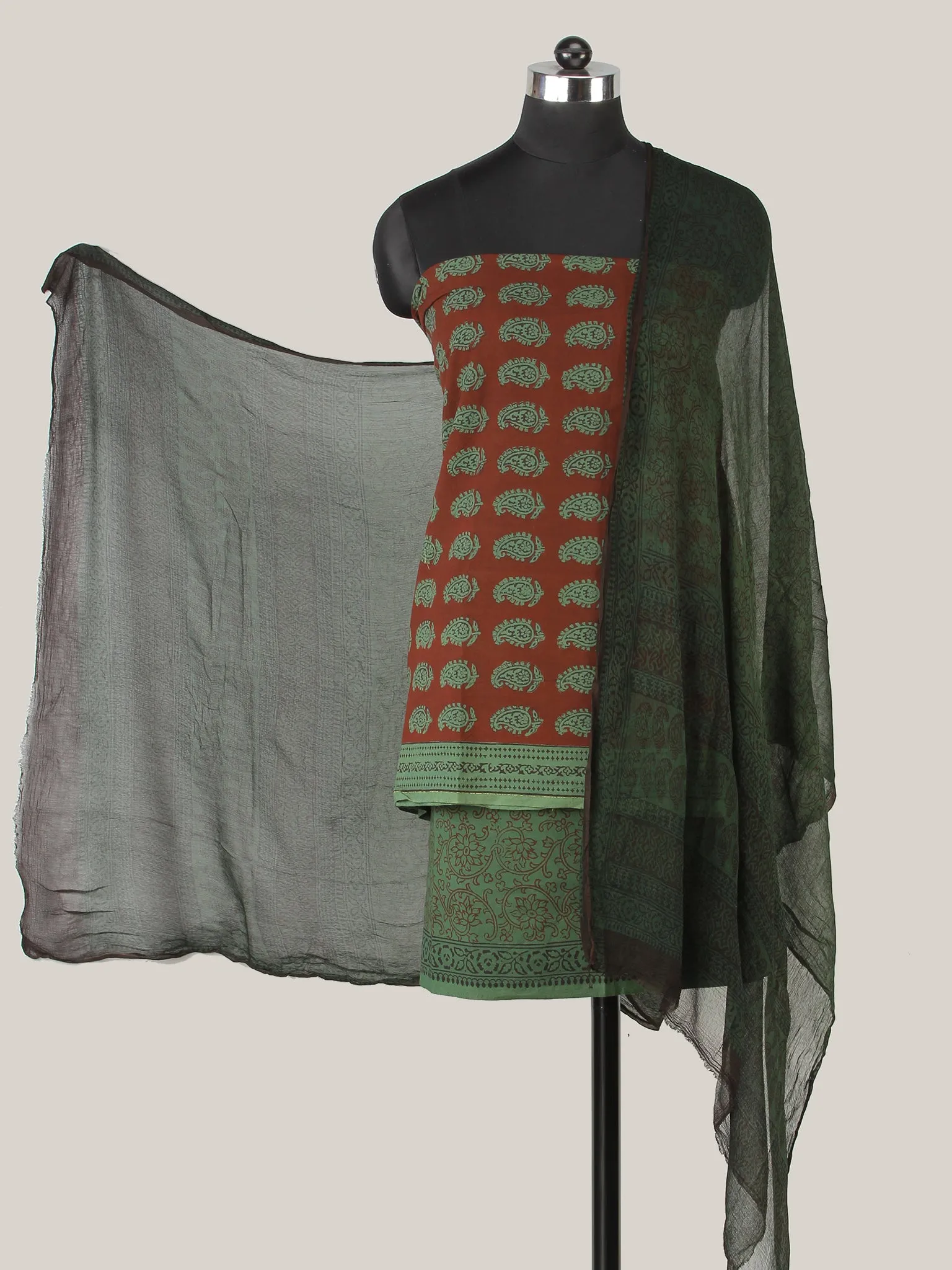 Maroon Hunter Green Bagh Hand Block Printed Cotton Suit-Salwar Fabric With Chiffon Dupatta (Set of 3) - SU01HB409