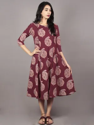 Maroon Ivory Ajrakh Block Printed Cotton Panel Dress- D5868801