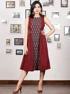 Maroon Ivory Grey Handwoven Ikat Knife Pleated Sleeveless Dress -  D276F1463