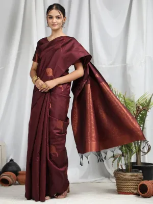 Maroon Leaf Soft Silk  Saree