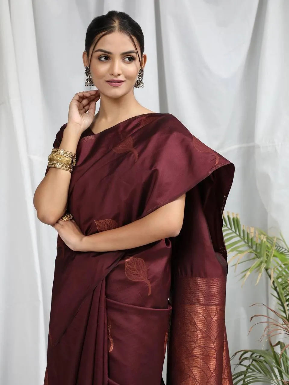 Maroon Leaf Soft Silk  Saree