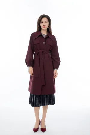 Maroon Long Overcoats Belted