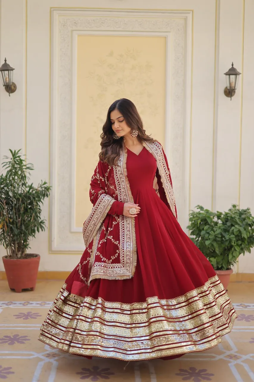 Maroon Luxurious Faux Blooming Embroidered Gown with Sequins & Designer Lace Dupatta