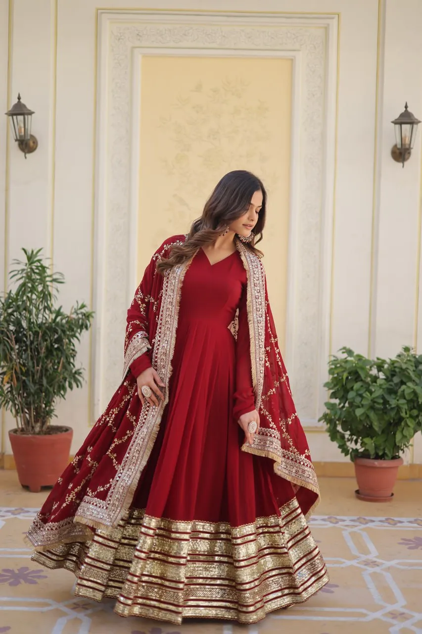 Maroon Luxurious Faux Blooming Embroidered Gown with Sequins & Designer Lace Dupatta