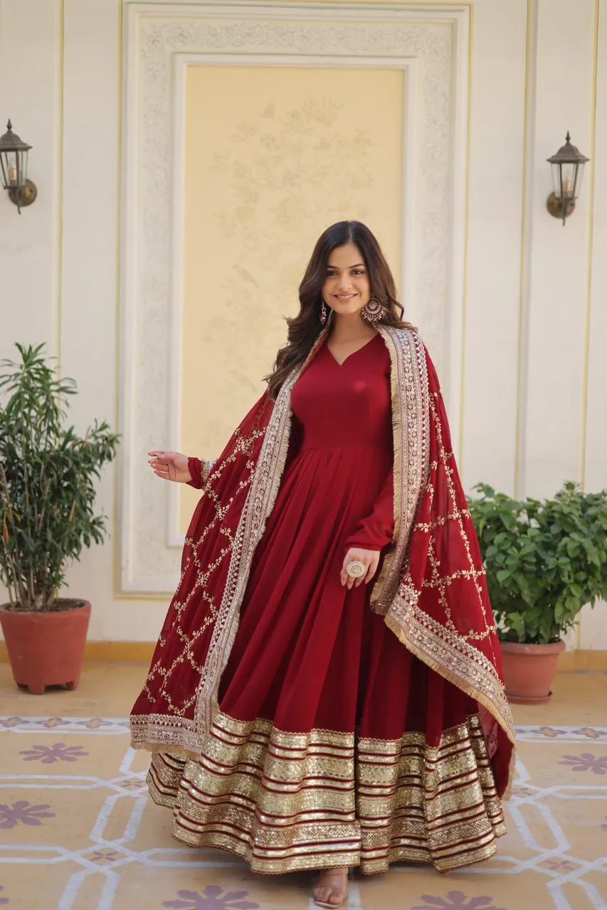 Maroon Luxurious Faux Blooming Embroidered Gown with Sequins & Designer Lace Dupatta