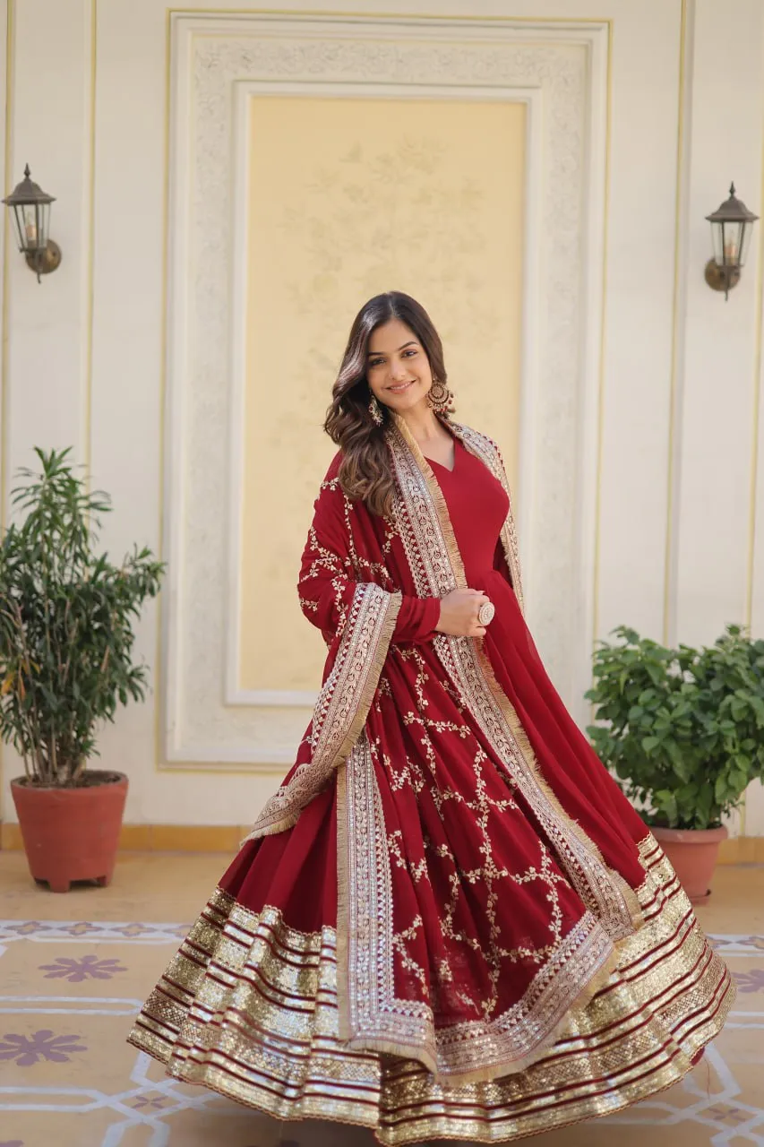 Maroon Luxurious Faux Blooming Embroidered Gown with Sequins & Designer Lace Dupatta