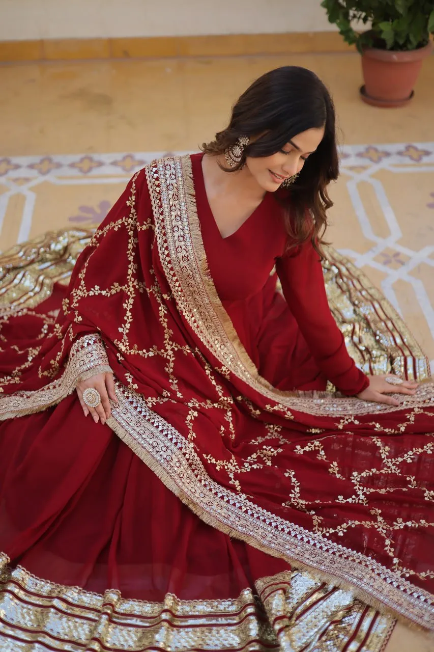 Maroon Luxurious Faux Blooming Embroidered Gown with Sequins & Designer Lace Dupatta