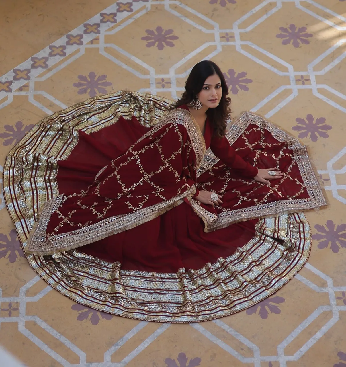 Maroon Luxurious Faux Blooming Embroidered Gown with Sequins & Designer Lace Dupatta