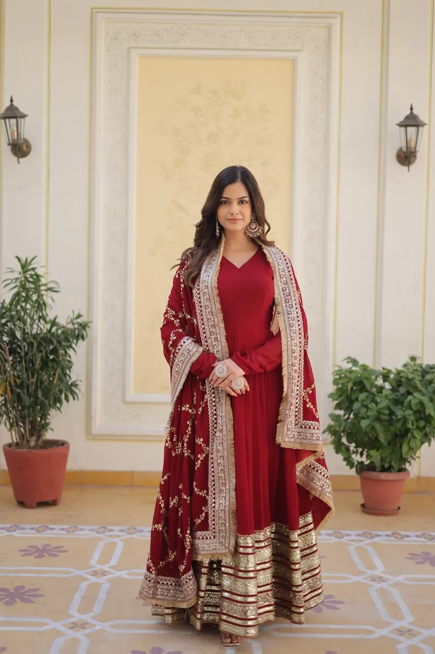 Maroon Luxurious Faux Blooming Embroidered Gown with Sequins & Designer Lace Dupatta