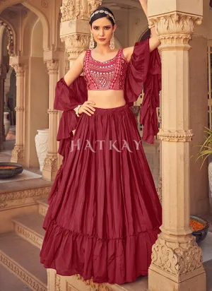 Maroon Mirror Work Embroidered Festive Lehenga Choli