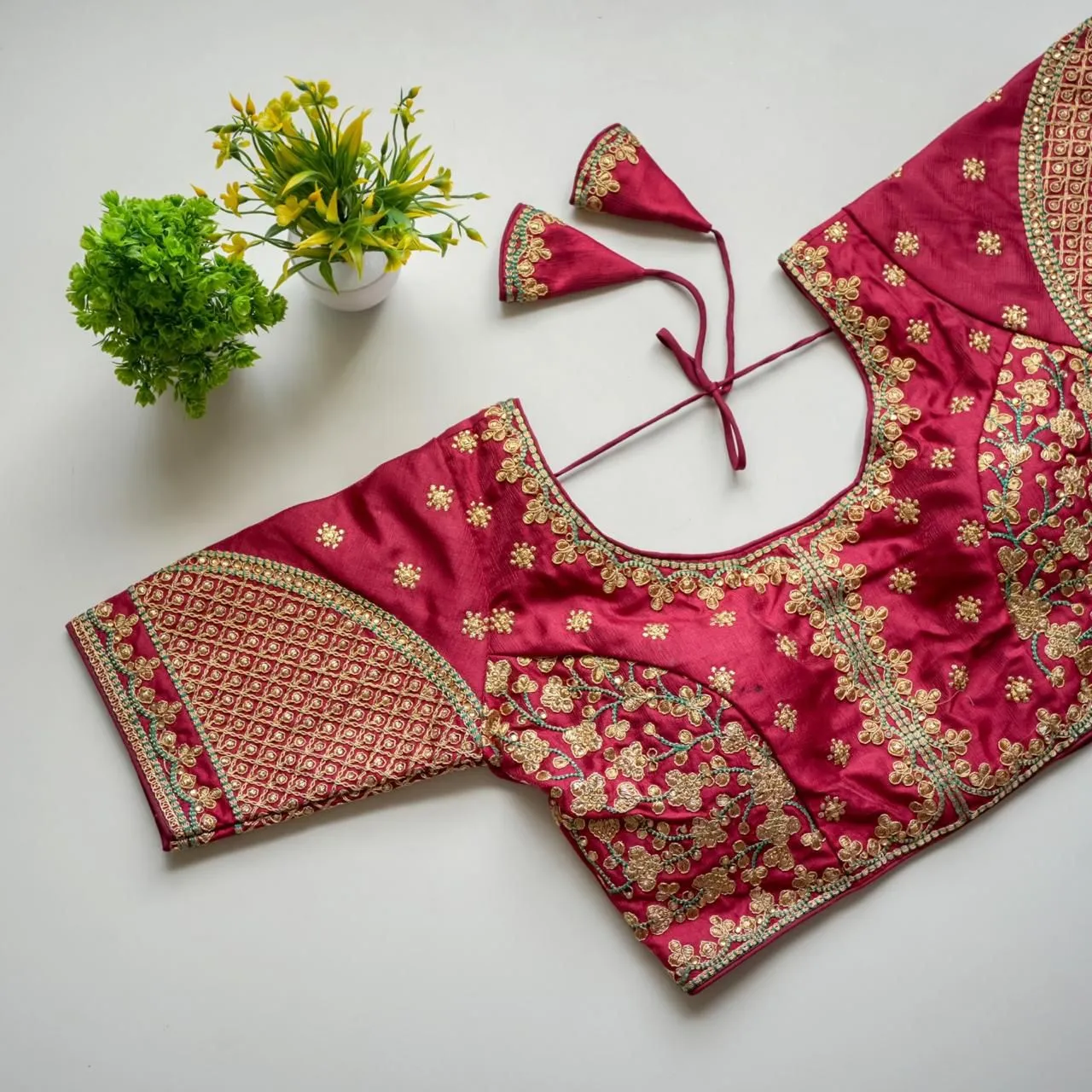 Maroon Mulmul Silk Blouse with Golden Embroidery and Sequins