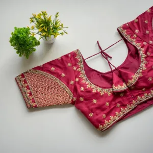 Maroon Mulmul Silk Blouse with Golden Embroidery and Sequins