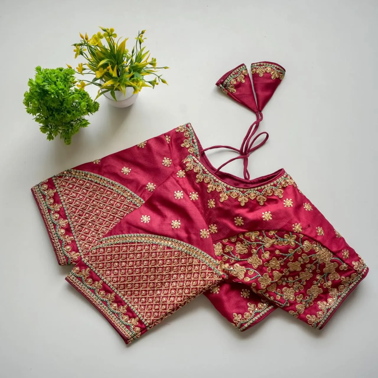 Maroon Mulmul Silk Blouse with Golden Embroidery and Sequins