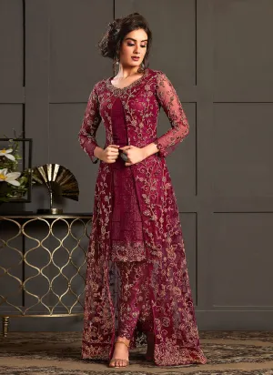 Maroon Multi Embroidered Jacket Style Pant Suit