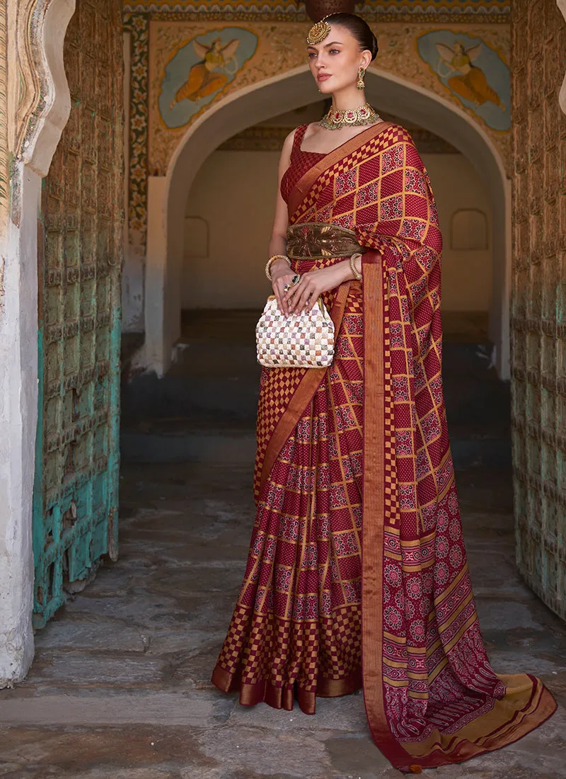 Maroon Multi Printed Brasso Silk Saree