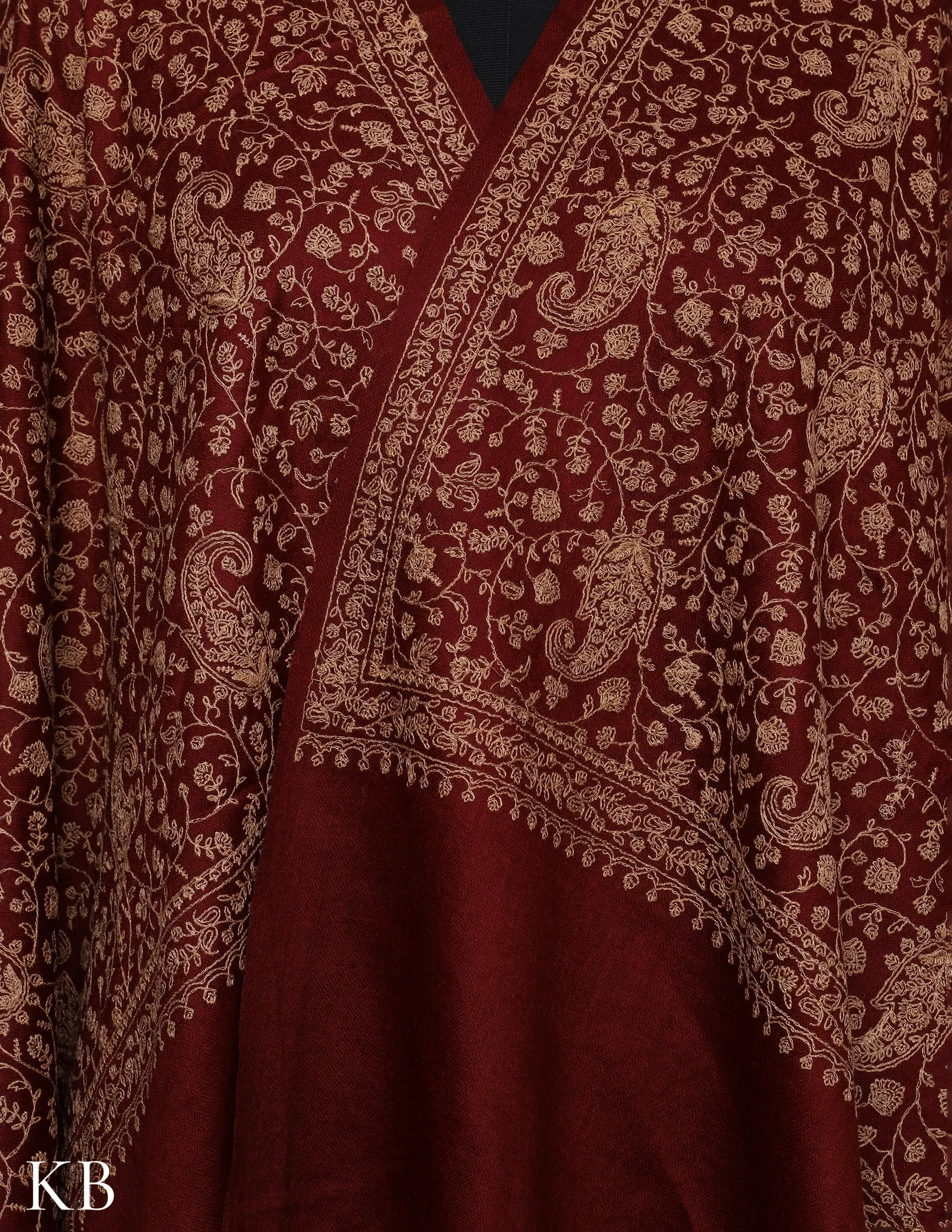 Maroon Oak Sozni Jali Embroidered Woolen Stole