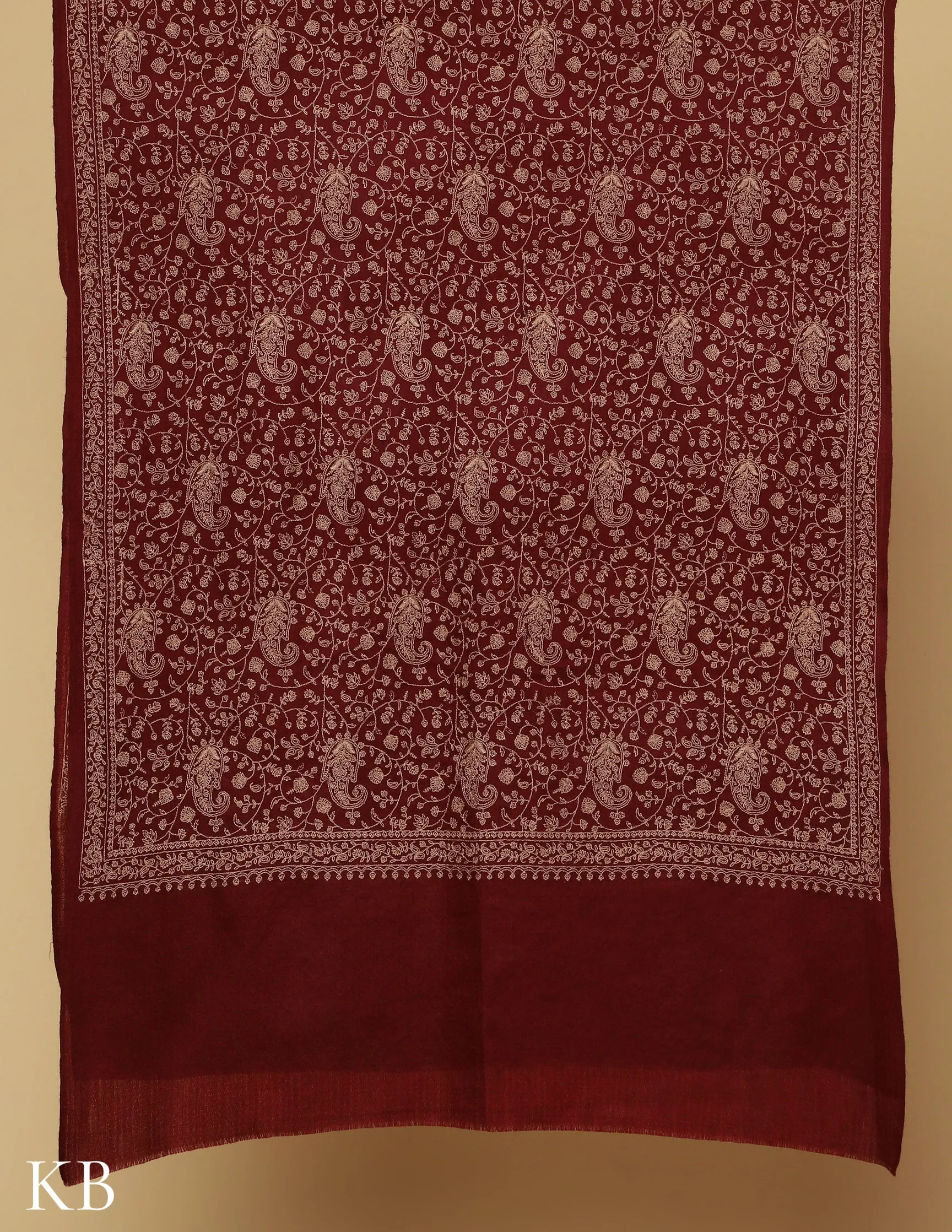 Maroon Oak Sozni Jali Embroidered Woolen Stole