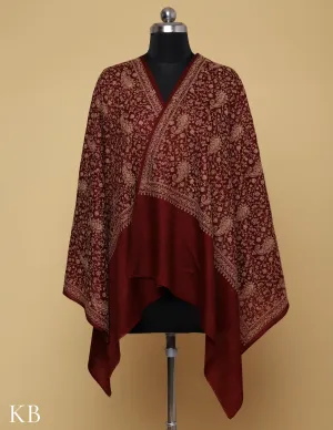 Maroon Oak Sozni Jali Embroidered Woolen Stole