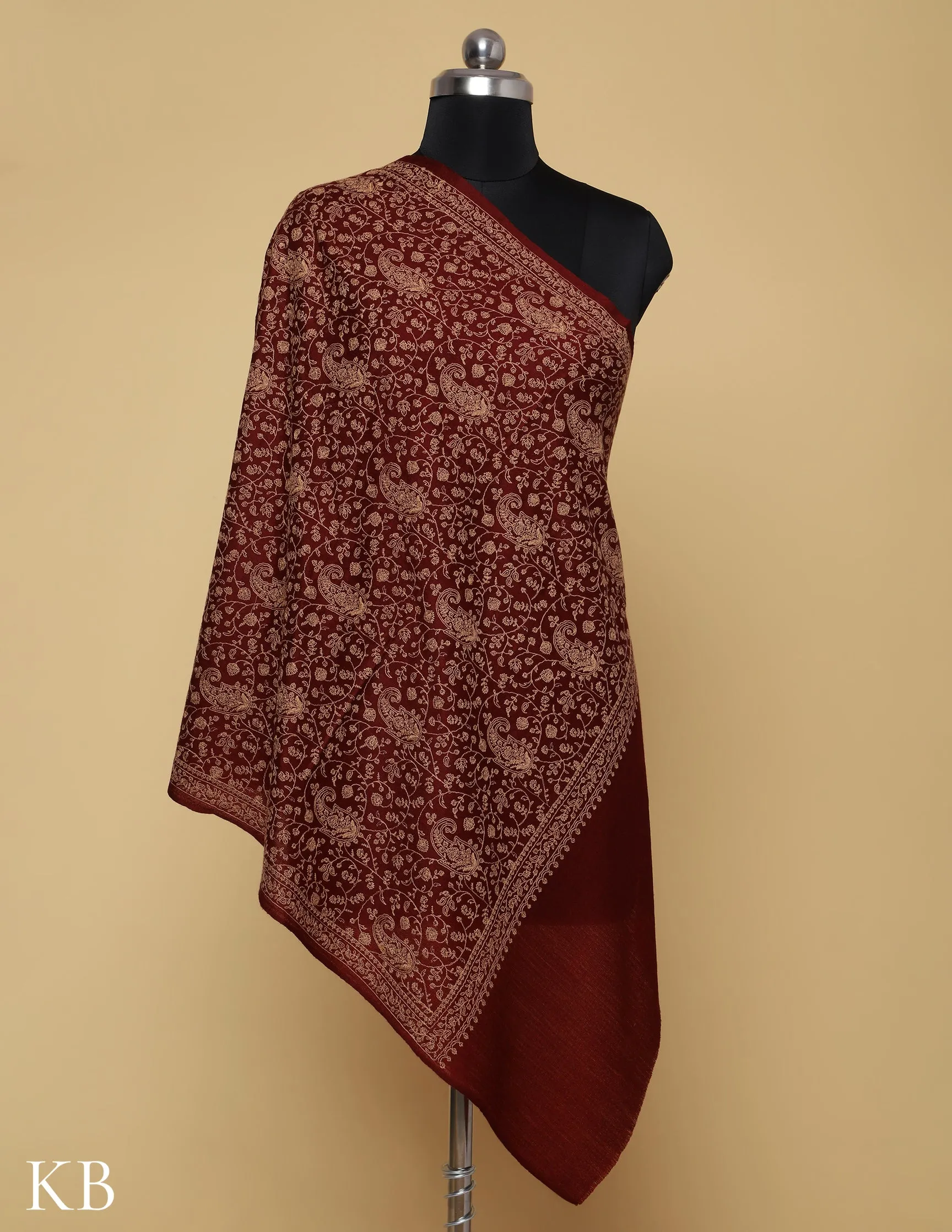 Maroon Oak Sozni Jali Embroidered Woolen Stole