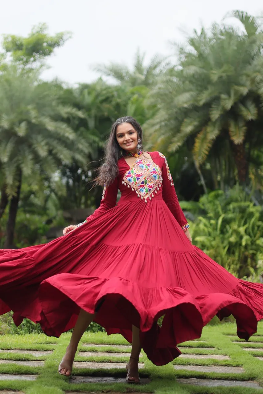 Maroon Partywear Gown with Kutchi Gamthi Work and 3-Layer Frill Stitch