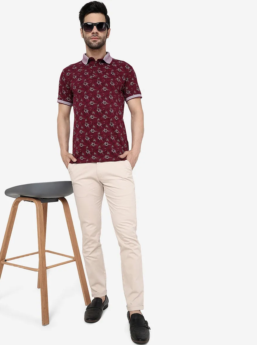 Maroon Printed Slim Fit Polo T- Shirt | JadeBlue