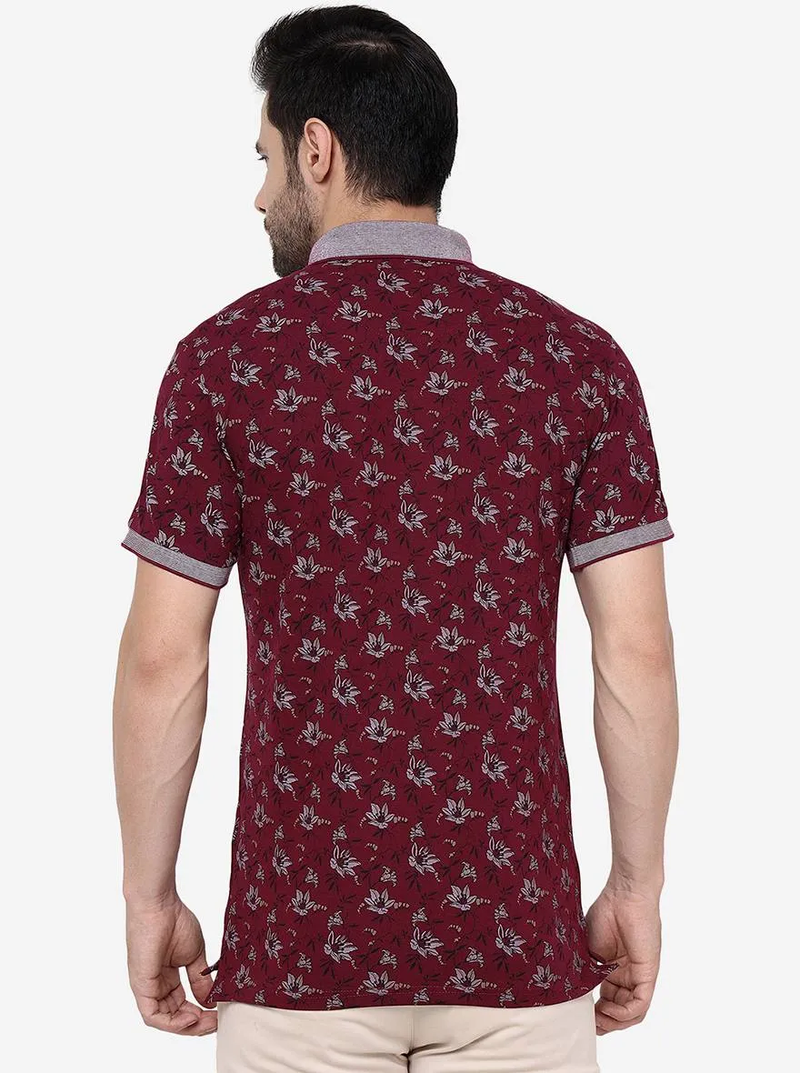 Maroon Printed Slim Fit Polo T- Shirt | JadeBlue