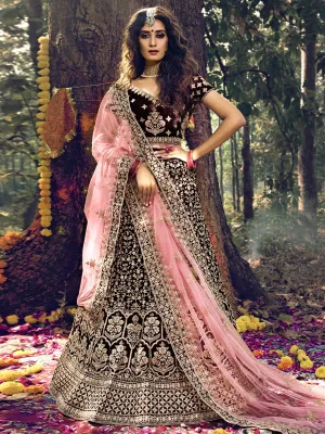 Maroon Pure Velvet Semi Stitched Lehenga With Unstitched Blouse